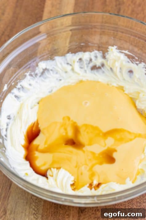 Cream cheese, condensed milk, vanilla extract, and powdered sugar creamed together in a mixing bowl.