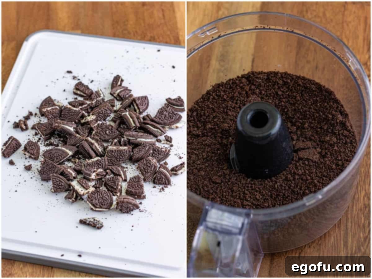 collage of two photos: chopped Oreos on a cutting board; Oreo cookie crumbs in a food processor.