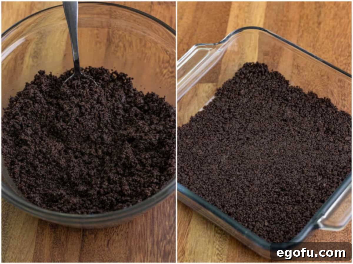 collage of two photos: crushed Orreo cookies mixed with melted butter in a bowl; buttered Oreo cookie crumbs pressed into a baking dish.