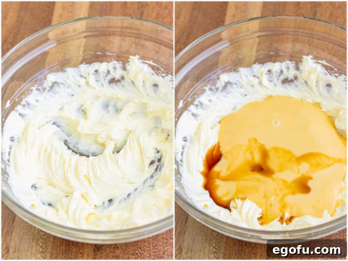 collage of two photos: cream cheese and powdered sugar creamed together in a mixing bowl; condensed milk and vanilla extract added to mixing bowl. 