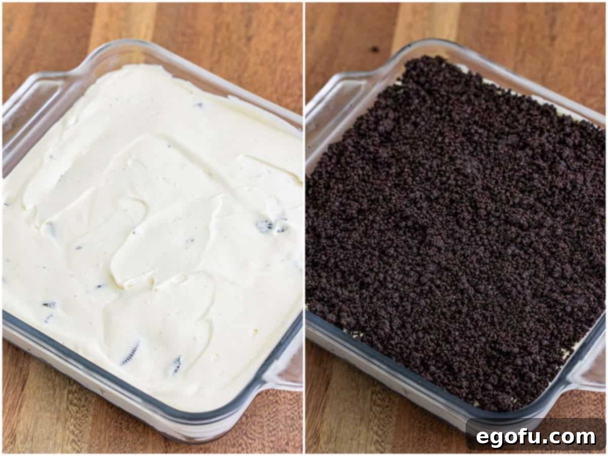 collage of two photos: cream cheese Oreo mixture is spread out over top of Oreo cookie crumbs in a baking dish; cookie crumbs sprinkled on top of cream cheese filling. 