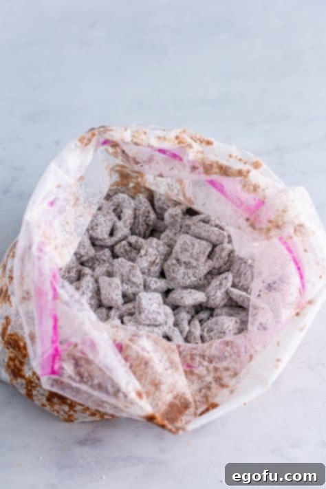 A ziplock bag with powdered sugar coated chocolate covered Chex.