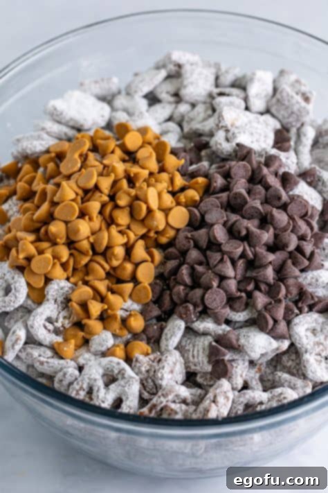 Peanut butter chips and chocolate chips on top of powdered sugar and chocolate covered Chex Mix.