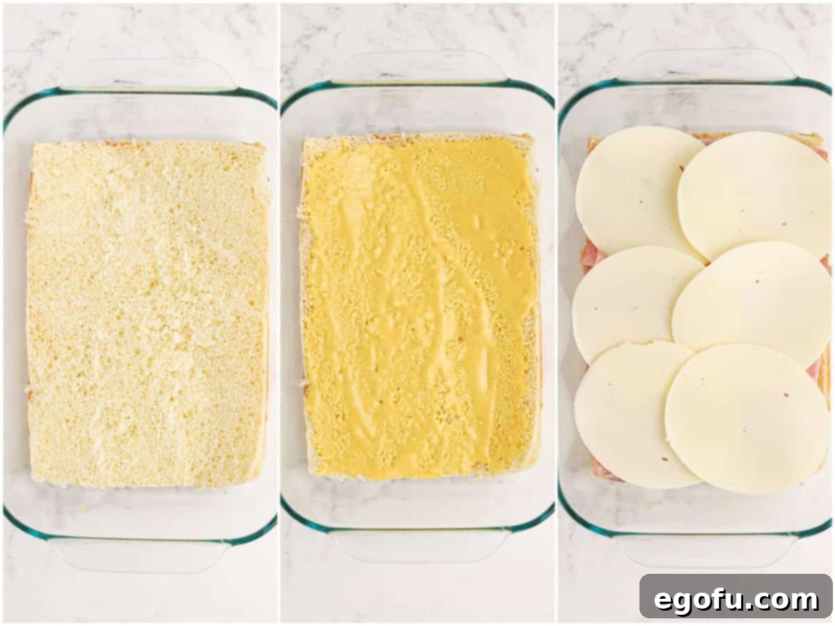 Collage showing the steps: Hawaiian roll bottoms in a baking dish, honey mustard spread, and layers of ham and provolone cheese.