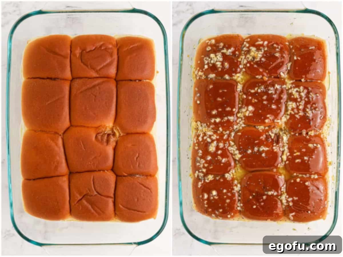 Collage showing the final assembly: top buns placed on sliders, and the savory butter mixture brushed over them.