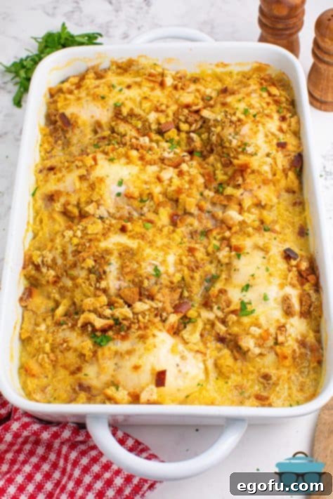Freshly baked Swiss Chicken Casserole in a baking dish ready to be served.
