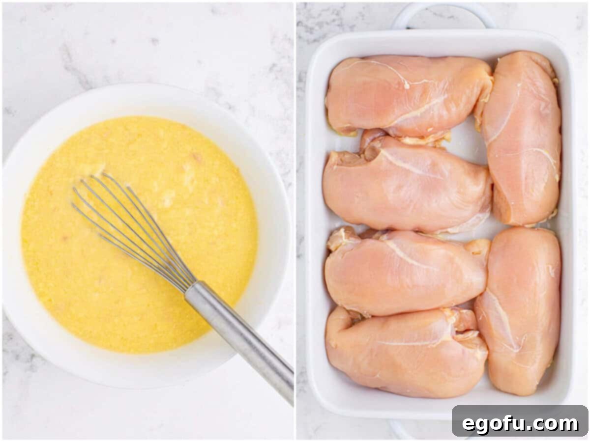 A collage showing a mixing bowl with cream of chicken soup, chicken broth, and minced garlic being stirred, and raw chicken breasts arranged neatly in a baking dish.