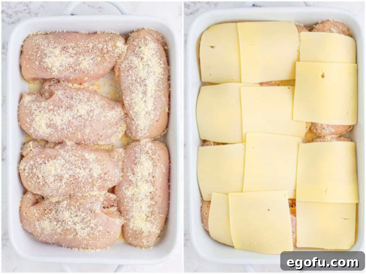 A collage showing raw chicken breasts seasoned with grated Parmesan, salt, and pepper in a baking dish, followed by slices of Swiss cheese covering each piece of seasoned chicken.