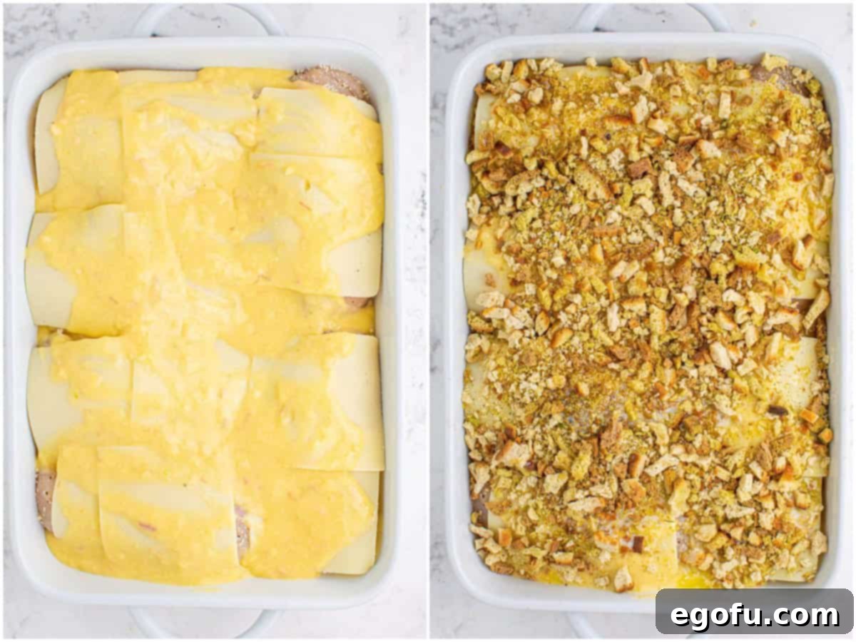 A collage depicting the cream of chicken soup mixture poured over the Swiss cheese-covered chicken, followed by dry stuffing mix being sprinkled evenly over the layers in the baking dish.