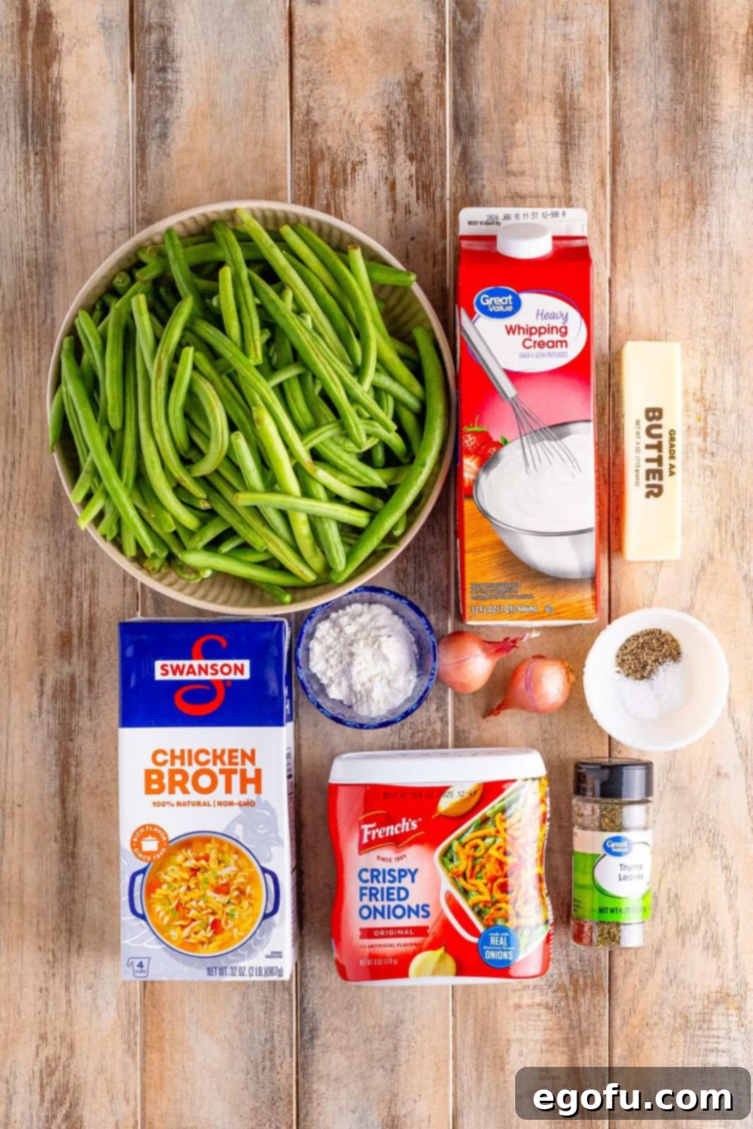 Fresh green beans, heavy cream, chicken stock, fried onions, butter, salt, black pepper, shallots, thyme, and all purpose flour.