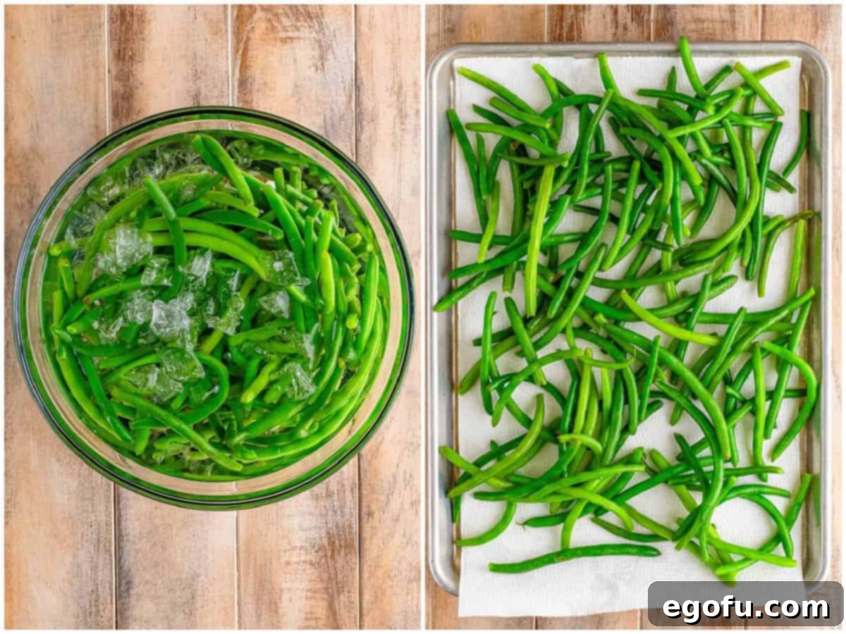 collage of two photos: green beans in ice water bath; green beans drying on a paper towel. 
