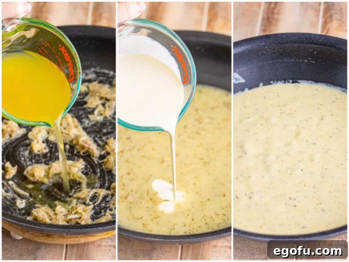 collage of three photos: pouring chicken broth into the skillet; heavy cream being poured in the skillet; cream sauce bubbling and thickening. 