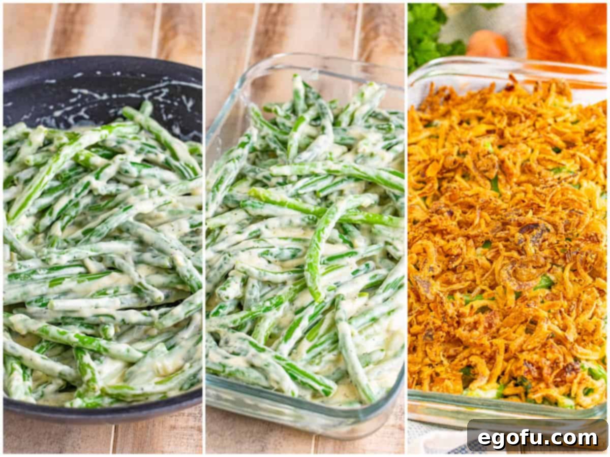 collage of three photos: green beans added to the skillet and coated in the sauce; green beans spread into a baking dish; crispy fried onions added to the top of the casserole. 
