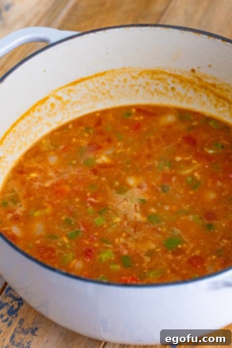 A flavorful mixture of chicken stock, tomatoes, Worcestershire sauce, bay leaf, Creole seasoning, paprika, salt, and pepper simmering with the vegetables in a Dutch oven.