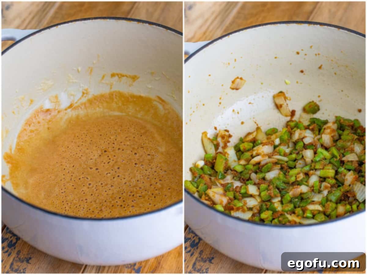 A collage showing the initial stages of Shrimp Étouffée preparation: a rich, golden-brown roux forming from butter and flour in a Dutch oven, followed by the addition of vibrant green bell peppers, celery, and onion, creating the aromatic base known as the 'Holy Trinity'.