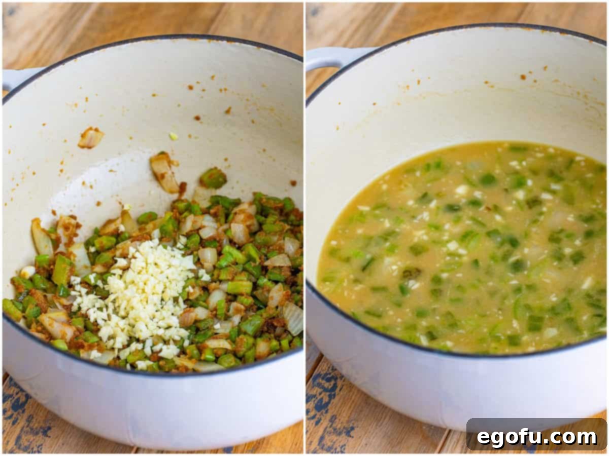 A collage depicting the next steps in creating Shrimp Étouffée: freshly minced garlic is stirred into the sautéed vegetables, followed by a steady, careful stream of rich chicken broth being poured into the pot while continuously whisking to create a smooth, flavorful base.
