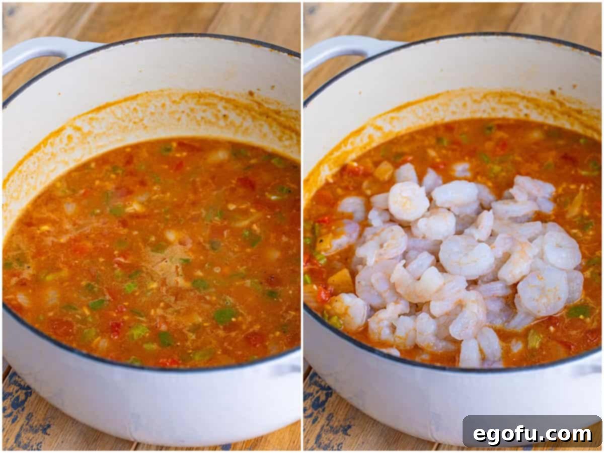 A collage illustrating the final stages of flavor infusion for Shrimp Étouffée: a vibrant mix of tomatoes, Worcestershire sauce, bay leaf, Creole seasoning, paprika, salt, and pepper is blended into the simmering vegetable base, followed by the addition of raw, tender shrimp, ready to cook in the rich, aromatic sauce.