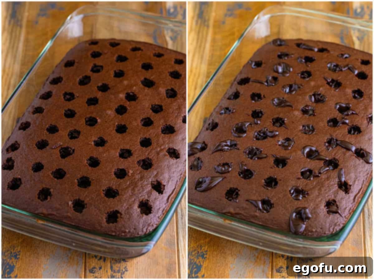 collage of two photos: a chocolate cake poked with holes; hot fudge sauce poured into cake holes. 