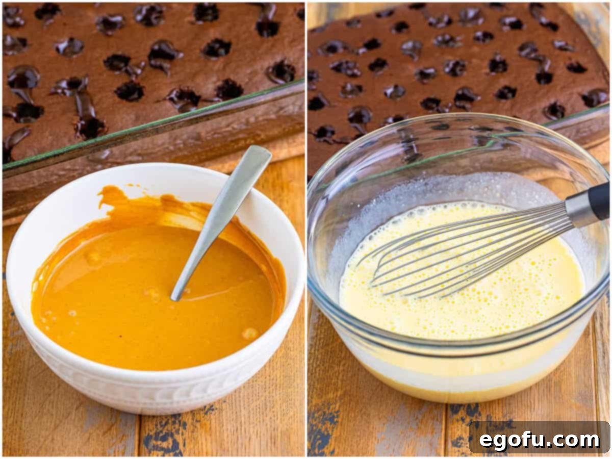 collage of two photos: a small bowl with melted peanut butter; a larger bowl with instant pudding and milk whisked together. 
