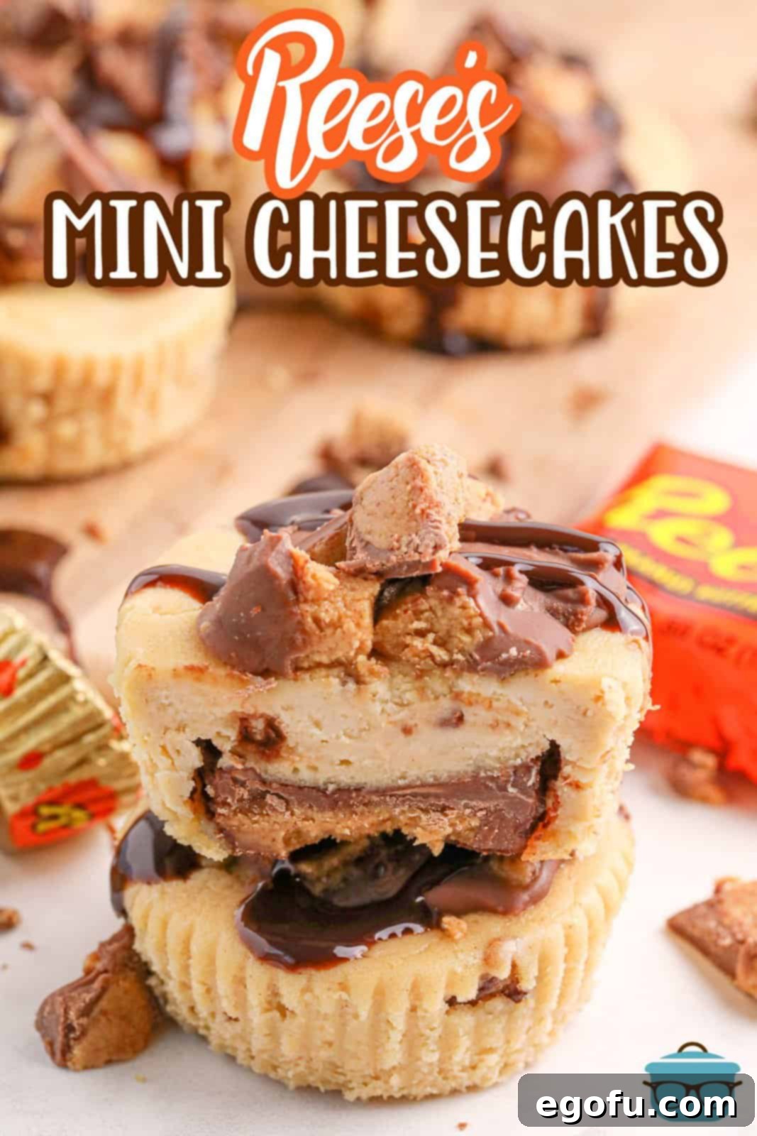 Reese's Peanut Butter Cheesecake Minis 3 A small stack of Reese's Mini Cheesecakes, beautifully topped and ready to be enjoyed.