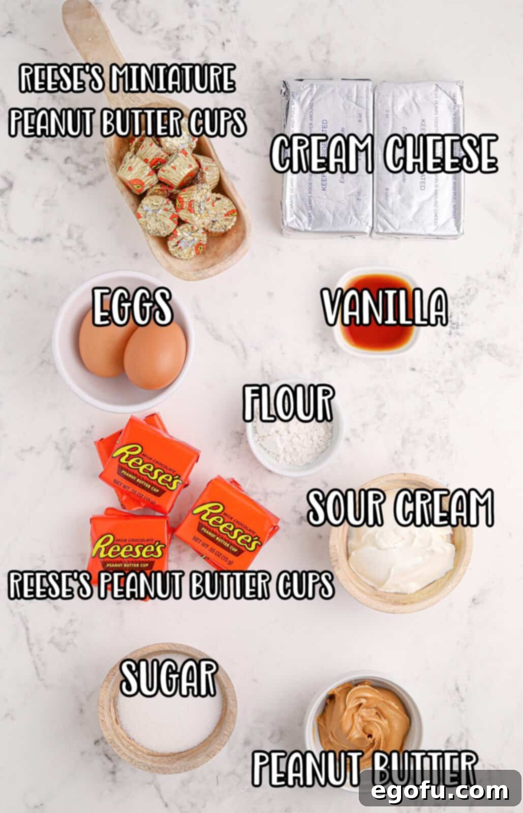 Reese's Peanut Butter Cheesecake Minis 4 A vibrant display of all the key ingredients for Reese's Mini Cheesecakes: Reese's cups, eggs, cream cheese, vanilla extract, sour cream, flour, sugar, peanut butter, and chocolate syrup for garnish.