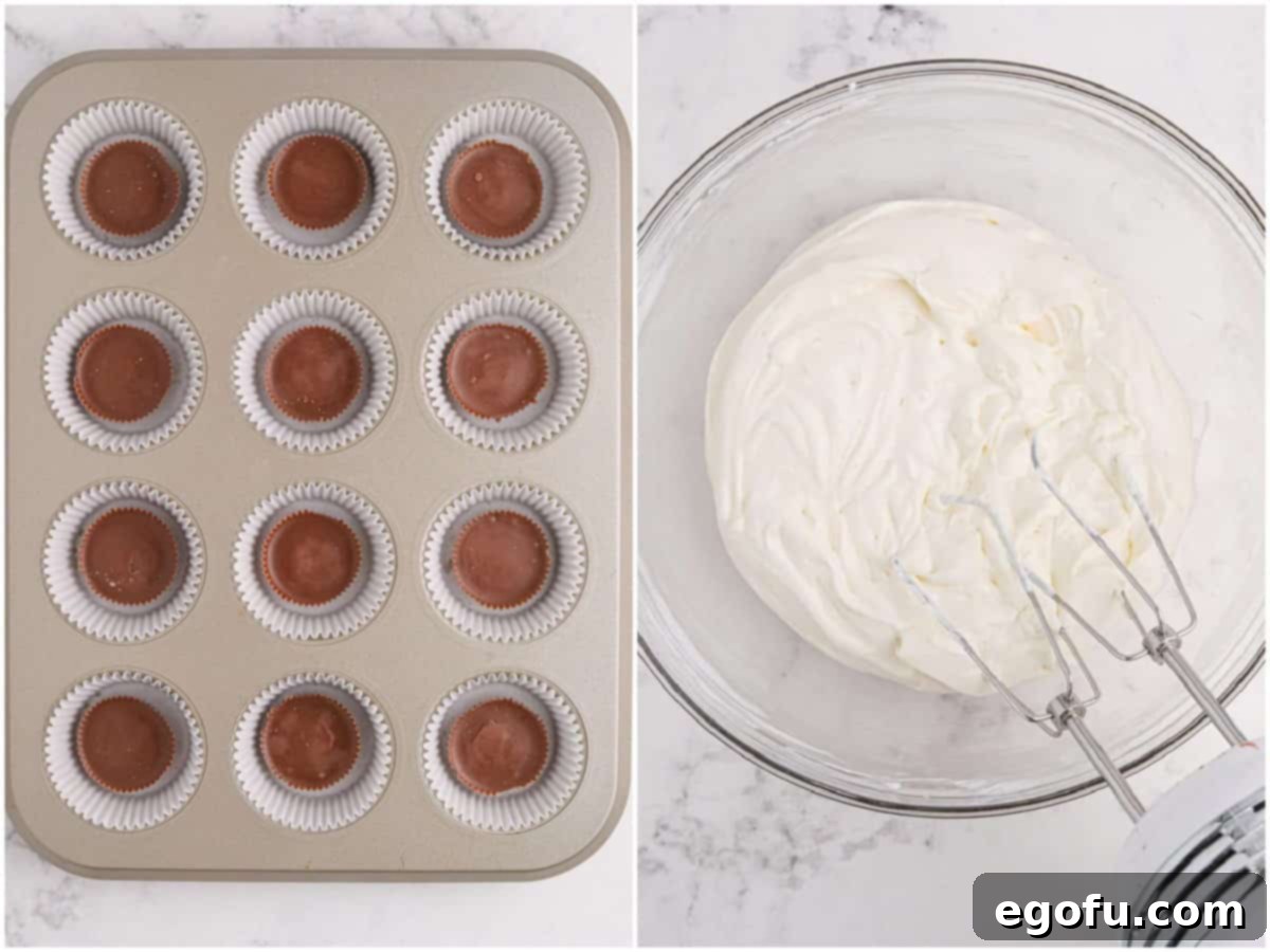 Reese's Peanut Butter Cheesecake Minis 5 A collage of two photos: a muffin tin with cupcake liners and a Reese's cup in each well, and cream cheese and sour cream being mixed smoothly in a bowl.