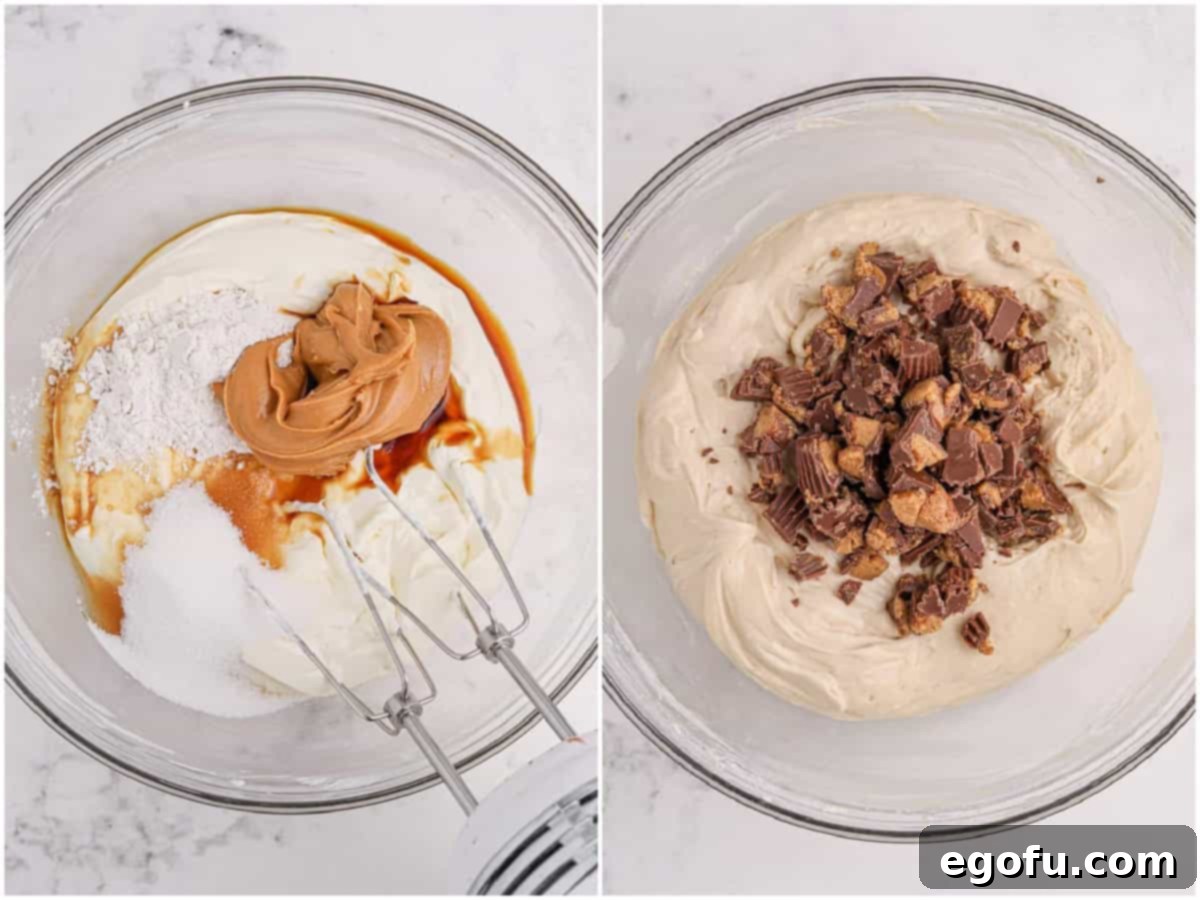 Reese's Peanut Butter Cheesecake Minis 6 A collage of two photos: peanut butter, sugar, flour, and vanilla extract being added to the mixing bowl, and chopped Reese's peanut butter cups being stirred into the smooth cheesecake batter.