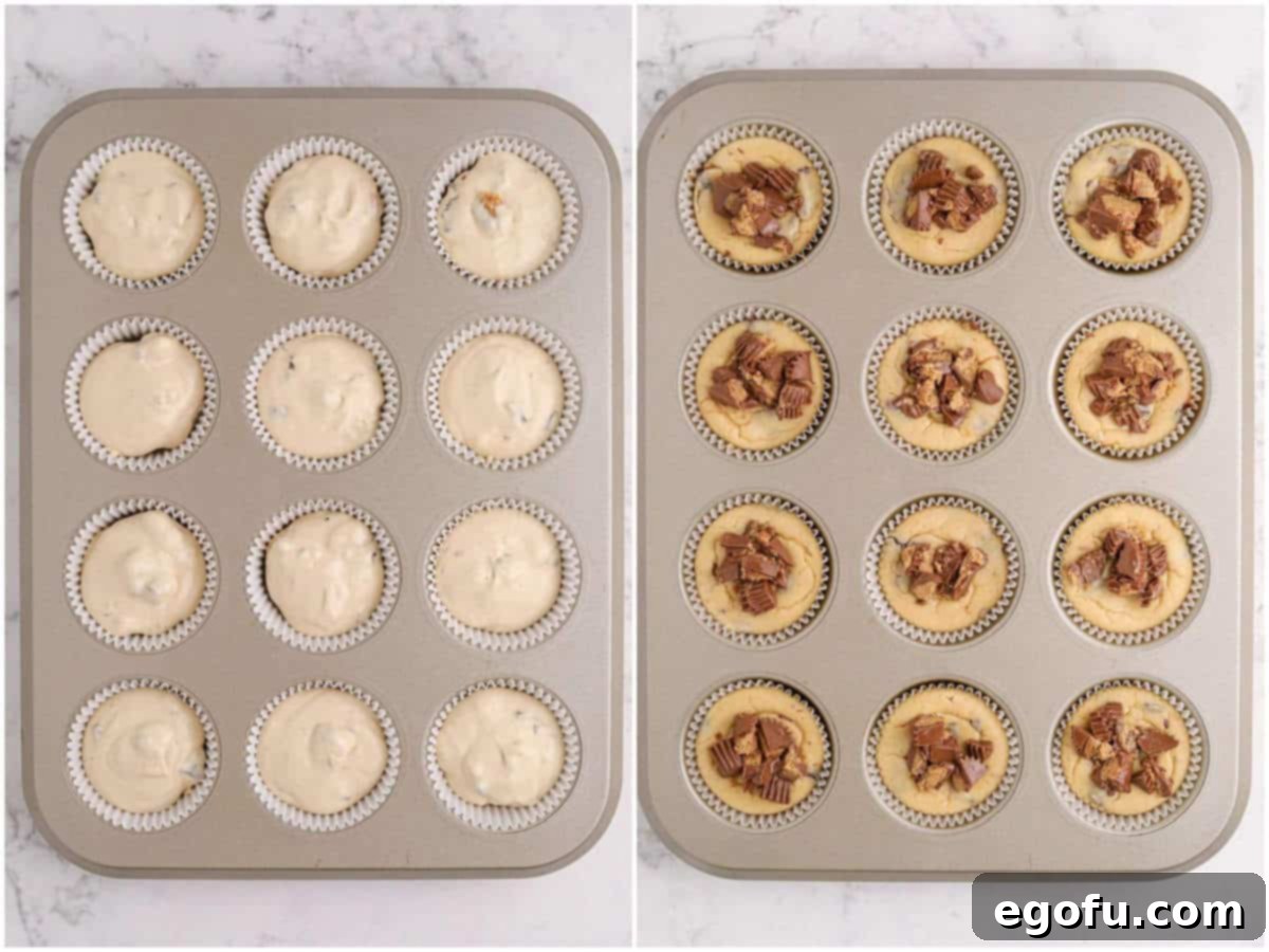 Reese's Peanut Butter Cheesecake Minis 7 A collage of two photos: cheesecake mixture poured over the Reese's peanut butter cups in the muffin tin, and freshly baked mini cheesecakes with crushed Reese's Peanut Butter Cups sprinkled on top.