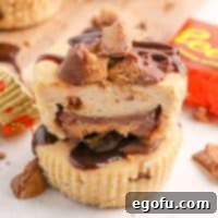 Reese's Peanut Butter Cheesecake Minis 9 Two Reese's Mini Cheesecakes, one broken to show the inside, perfect for a recipe card thumbnail.
