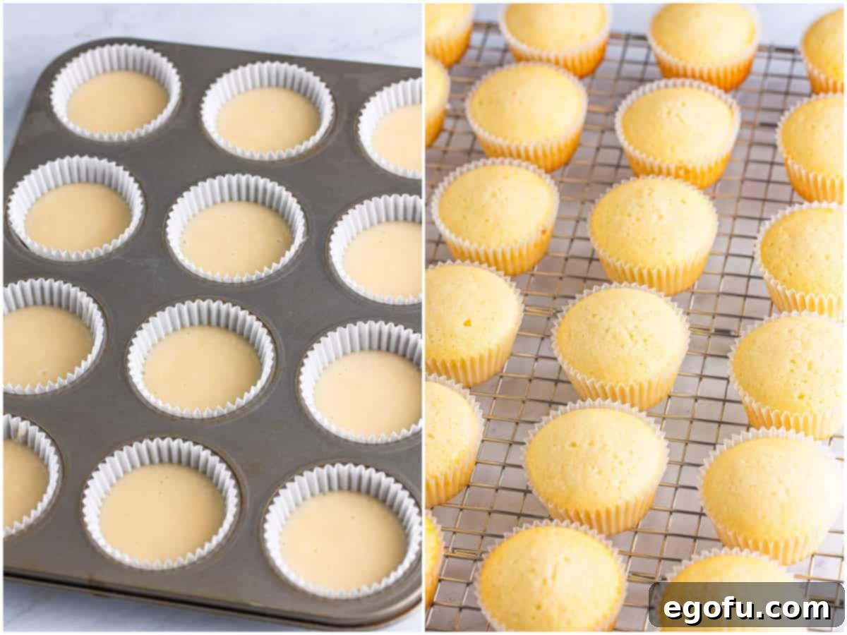 Bridal Bliss Bites 7 A two-part collage: the first image displays precise portions of cupcake batter carefully spooned into muffin tins lined with paper cups, while the second image shows perfectly baked and golden-brown cupcakes cooling on a wire rack.