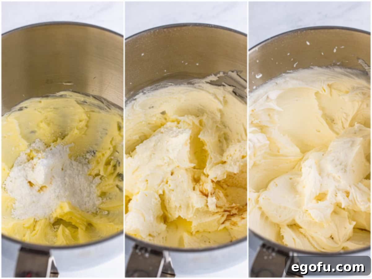 Bridal Bliss Bites 8 A collage of three detailed photos: powdered sugar being carefully added to creamed butter in a stand mixer bowl, followed by vanilla and almond extracts being poured into the mixture, and finally, the finished, perfectly fluffy buttercream frosting filling the mixer bowl, ready for use.