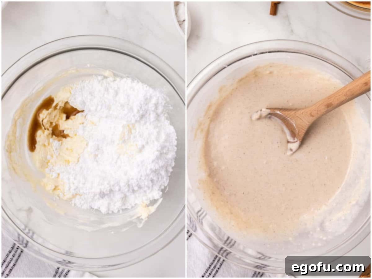 A collage showing the preparation of the cream cheese sauce, from individual ingredients to a smoothly mixed glaze.