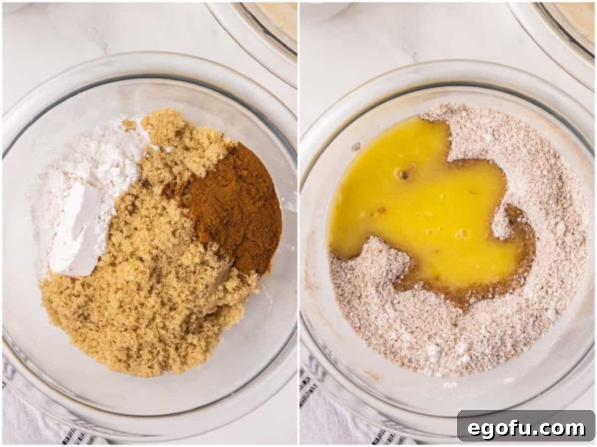 A collage illustrating the steps for making the cinnamon swirl, starting with dry ingredients and adding melted butter.
