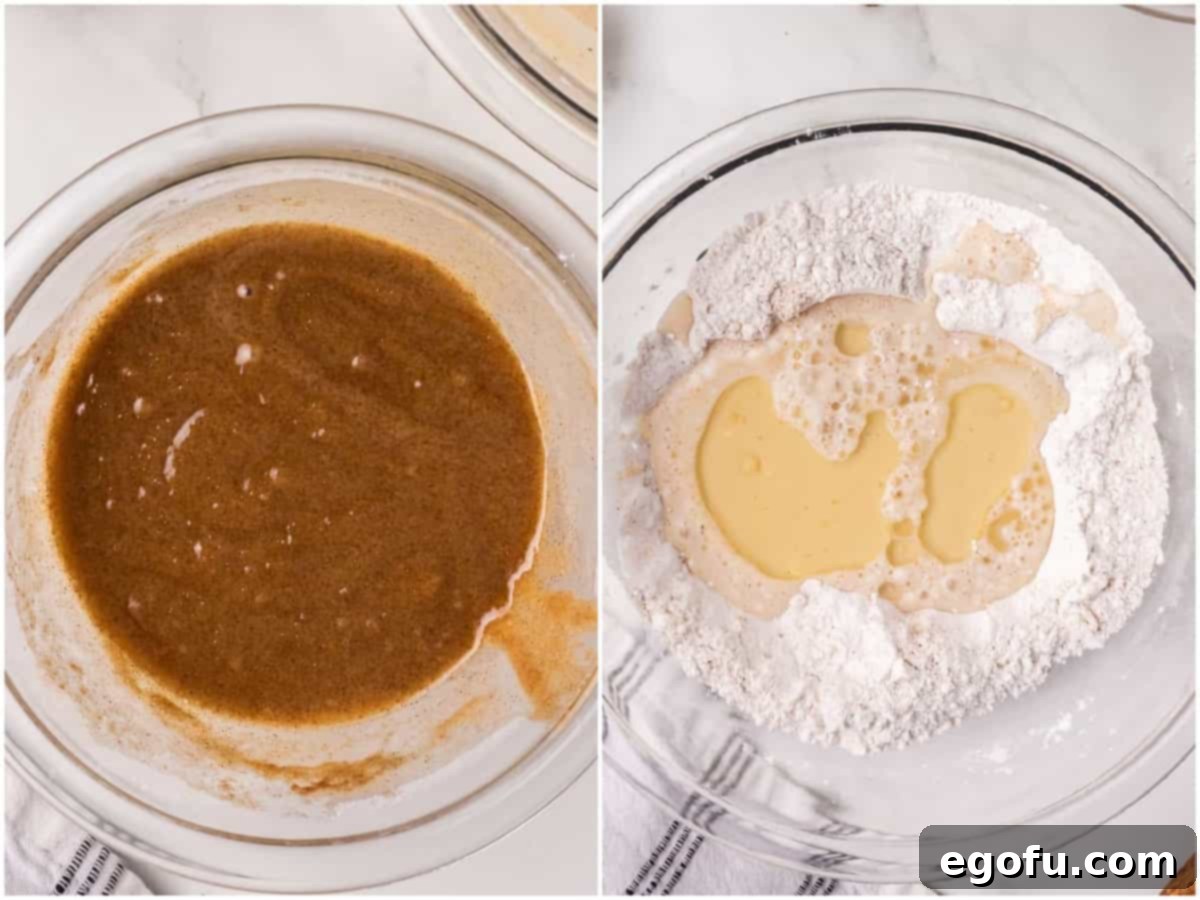 A collage showing the fully mixed cinnamon swirl and the preparation of pancake batter with milk and oil.