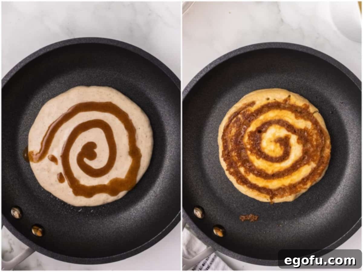 A collage detailing the cooking process, from drizzling the cinnamon swirl onto batter in a pan to a partially cooked pancake.