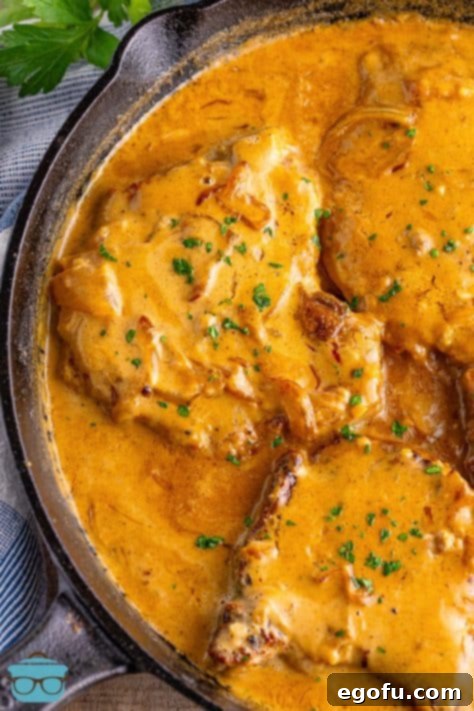 Pork chops and a creamy sauce in a skillet.