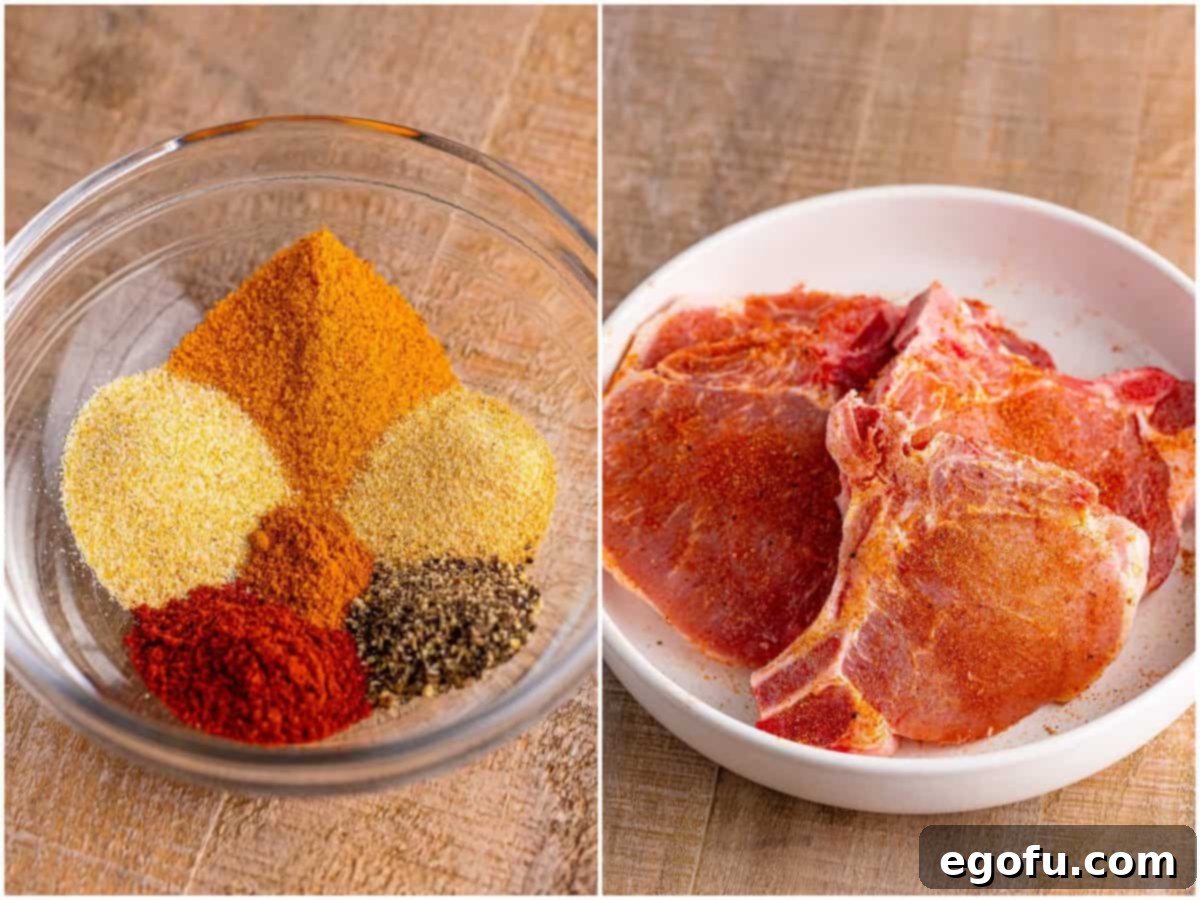 collage of two photos: A small mixing bowl with salt, garlic powder, onion powder, paprika, pepper, and cayenne; seasoned pork chops in a bowl. 