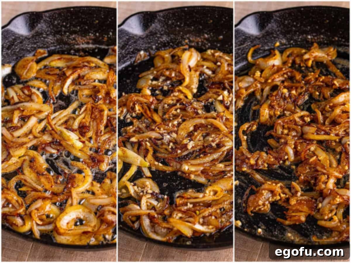 collage of three photos: sliced onions cooking in butter in cast iron skillet. ; garlic added to onions; onions after they have browned. 