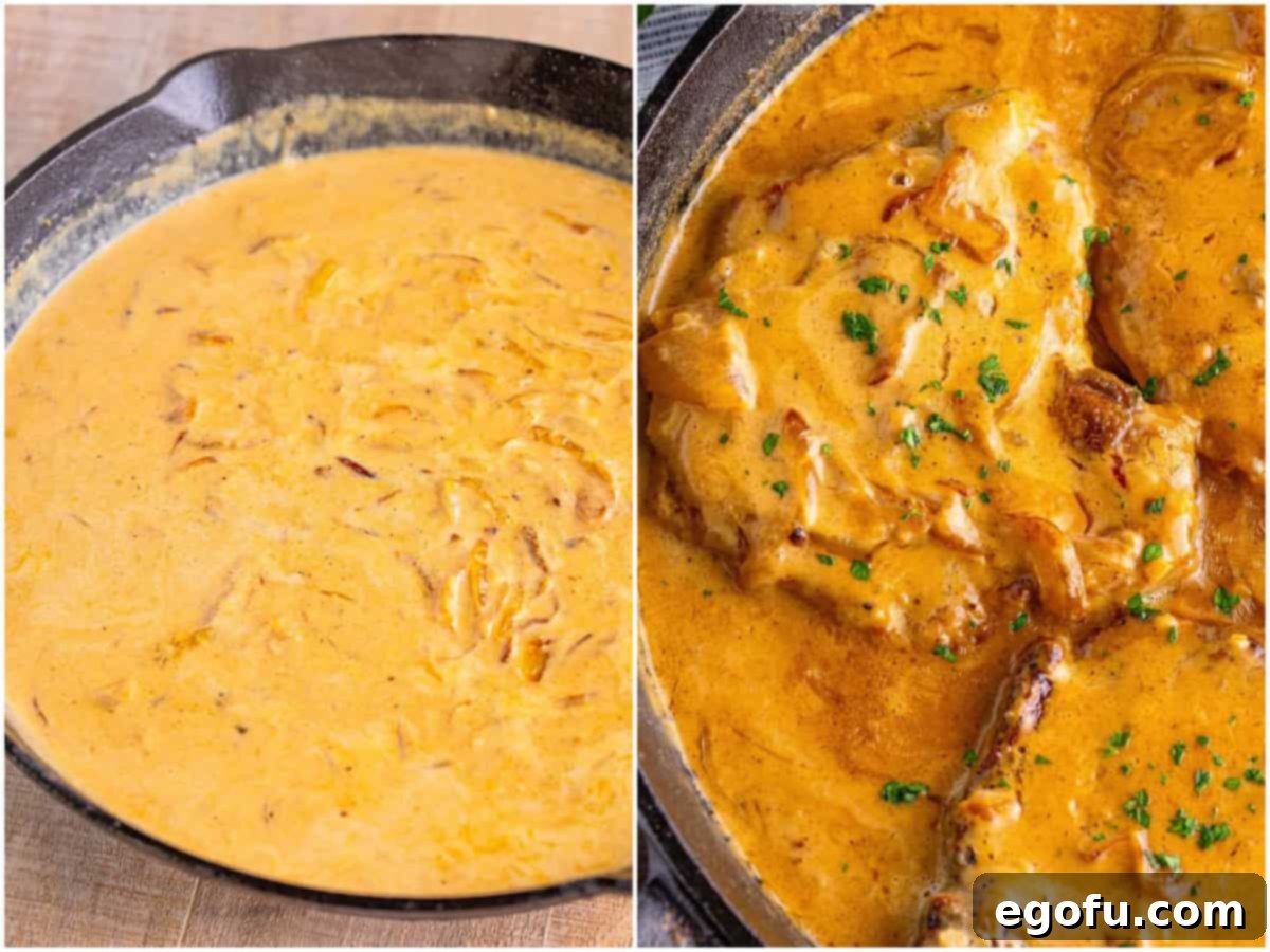 collage of two photos: heavy cream, chicken stock, onion, garlic, and melted butter in a cast iron skillet; pork chops added to the sauce in the skillet. 
