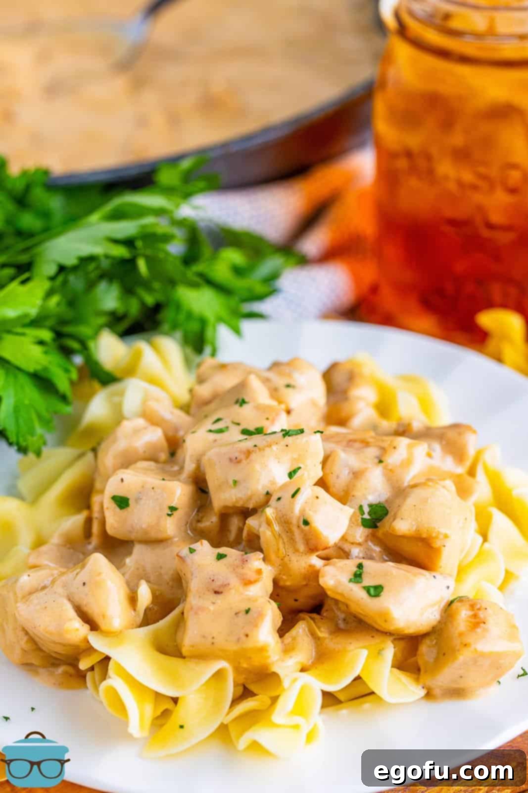 Velvety Chicken and Mushroom Feast 2 A plate of creamy Chicken Stroganoff served over a bed of egg noodles, garnished with fresh herbs.