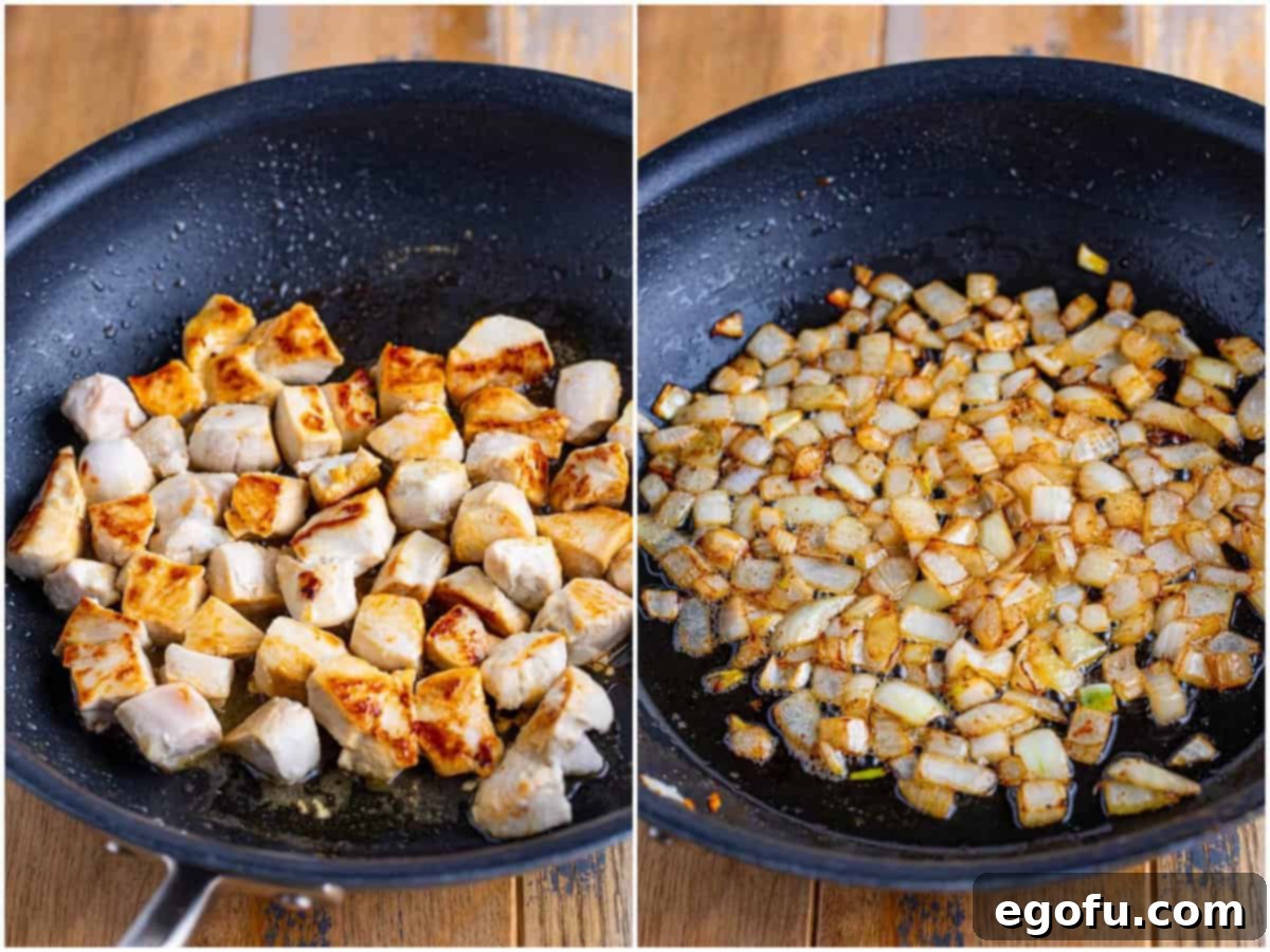 Velvety Chicken and Mushroom Feast 5 Collage of two photos: a skillet with cooked, diced chicken; cooked diced onions in a skillet, showing the initial stages of cooking.