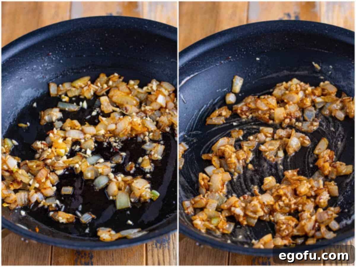 Velvety Chicken and Mushroom Feast 6 Collage of two photos: minced garlic being added to cooked onions in a skillet; flour being whisked into the onion and garlic mixture in the skillet, forming a roux.