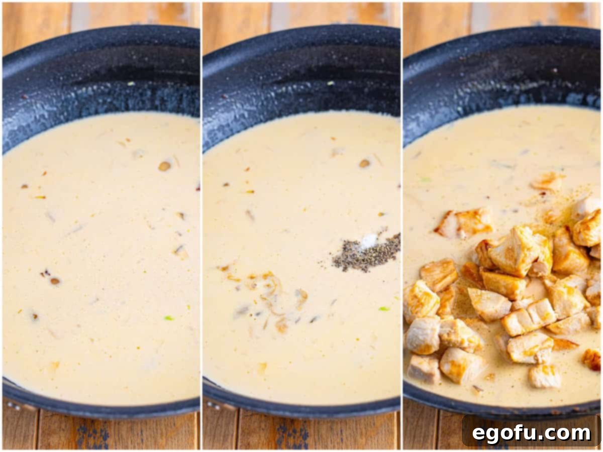 Velvety Chicken and Mushroom Feast 7 Collage of three photos: a creamy sauce bubbling gently in a skillet after liquids have been added, showing its thickening consistency.