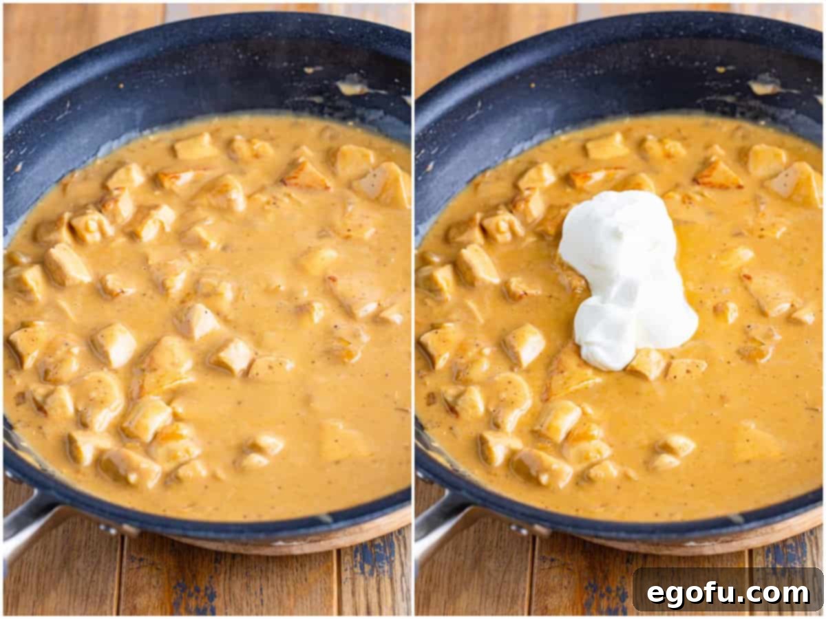 Velvety Chicken and Mushroom Feast 8 Collage of two photos: stroganoff cream sauce simmering in a skillet, showing its rich texture; sour cream being added to the skillet, ready to be folded in for final creaminess.
