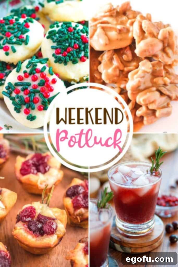 Festive Christmas Butter Cookies 2 Weekend Potluck featured recipes: Christmas Butter Cookies, Easy Pecan Pralines, Cranberry Pomegranate Mocktail and Cranberry Brie Bites.