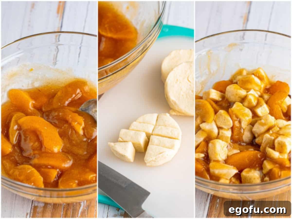 collage of three photos: each pie filling in a bowl; cutting biscuits into eights; cut biscuits added to the bowl with the peach pie filling.