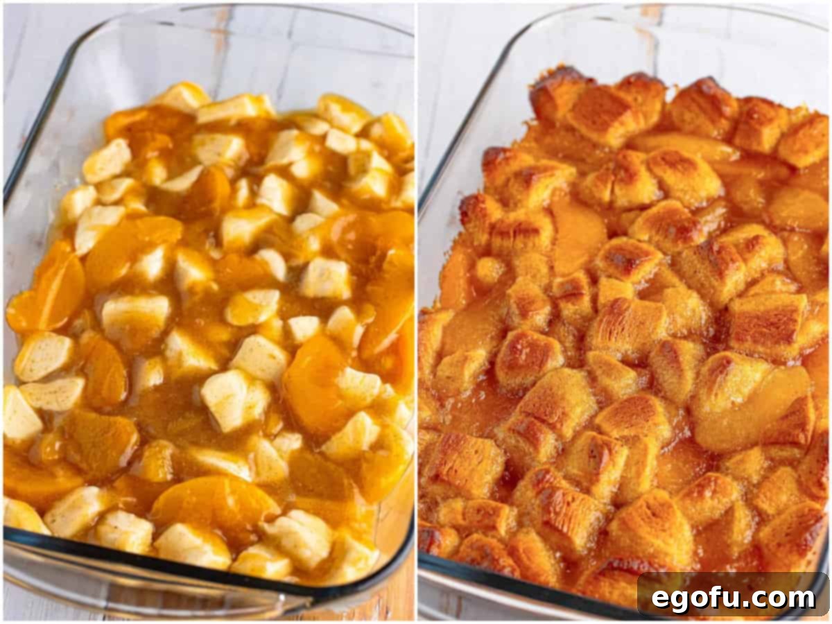 collage of two photos: peach pie bubble up filling added to the baking dish; fully baked bubble up.