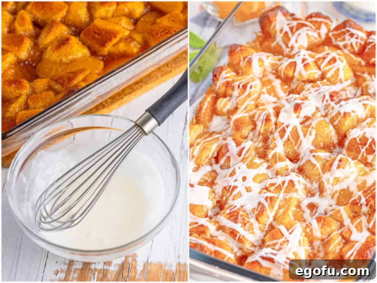 collage of two photos: whisking together milk and powdered sugar in a bowl; icing mixture poured over baked bubble up.