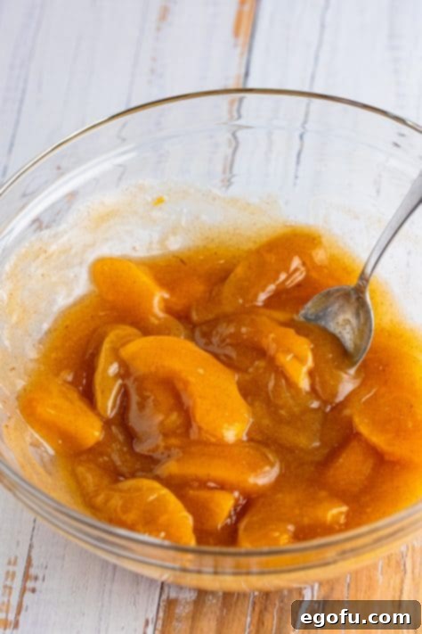 A mixing bowl with peach pie filling, brown sugar, melted butter, vanilla, and cinnamon.