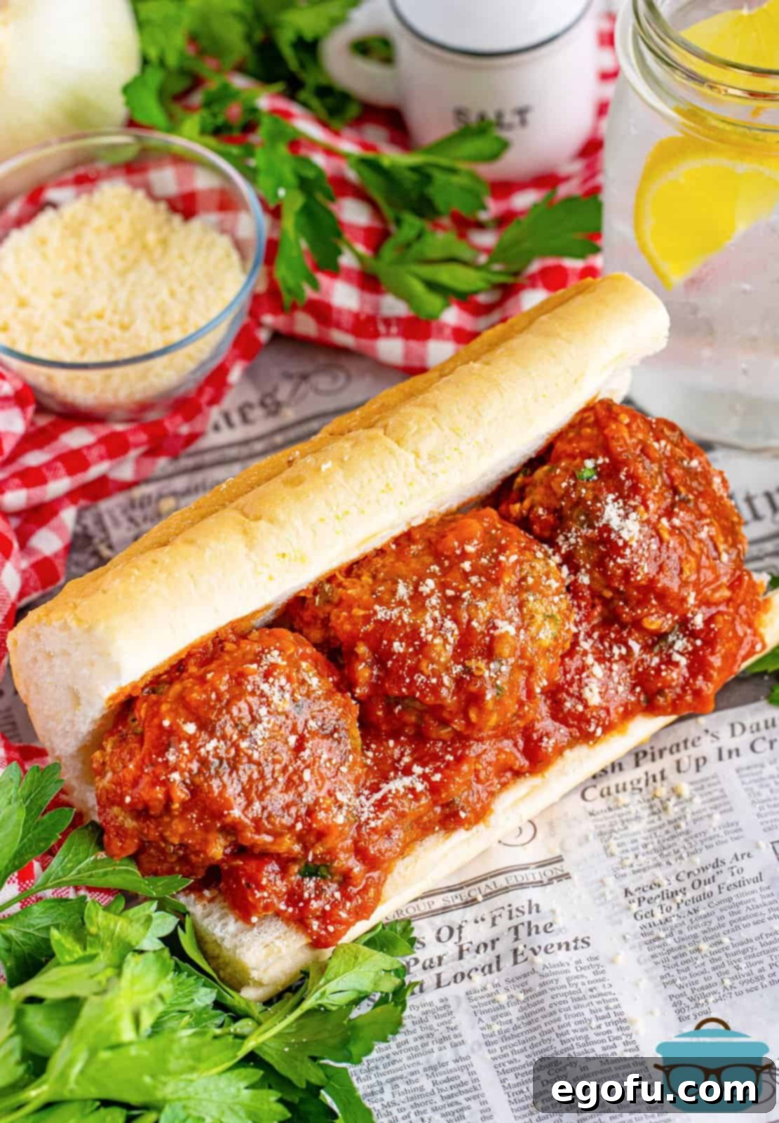 Hand-Rolled Meatballs 2 A sub roll filled with three large, saucy Homemade Meatballs, garnished with fresh parsley.